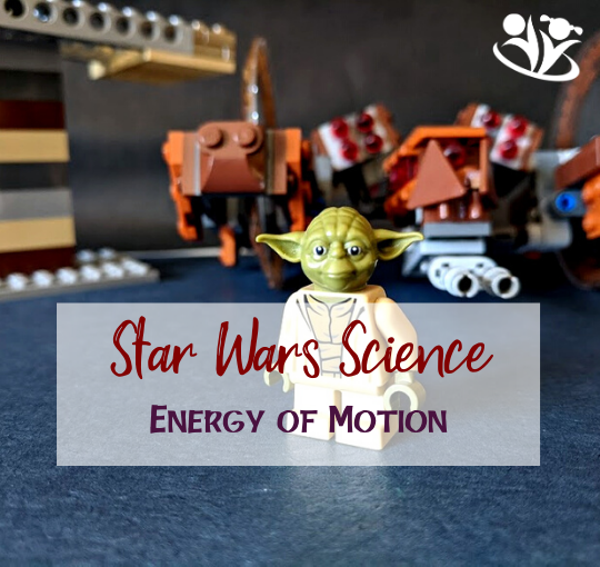 Delightful Star Wars Science experiment. Introduce kids to the concepts of potential and kinetic energy with the help of Yoda, rump, and a Star Wars LEGO wheel droid. #creativelearning #STARWARS #kidsactivities #handsonlearning #kidminds #scienceforkids #LEGO
