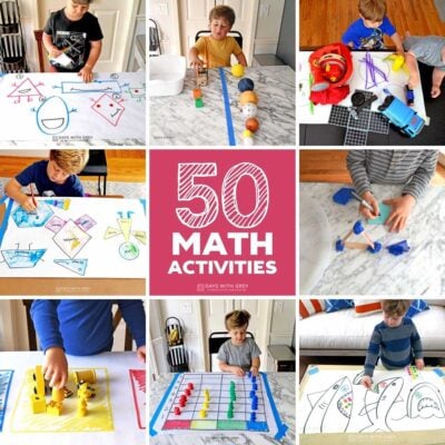 Collage of eight hands-on learning math activities for preschoolers.