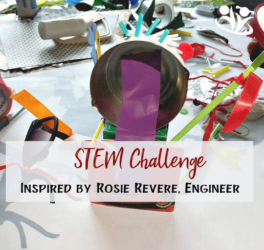 Kids can practice STEM with simple materials that you already have in your house in the recycling bin. Get inspired by reading STEM books. Make it fun by turning it into a challenge.  #STEM #RosieRevere #tinkerkids