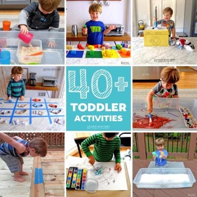 Have a toddler at home? Text in black and 11 pictures of kids playing