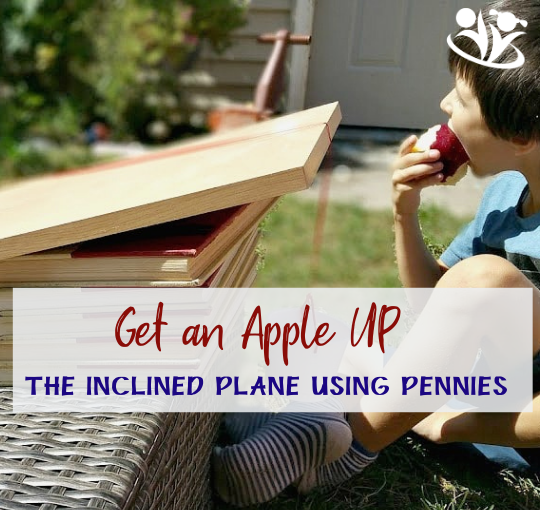 How many pennies does it take to get an apple up the inclined plane? It's a fun science experiments you can do outside. #scienceforlittlekids #STEAM #kidminds #funscience #fall #apples