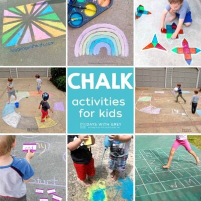 Eight pictures of kids playing with chalk.