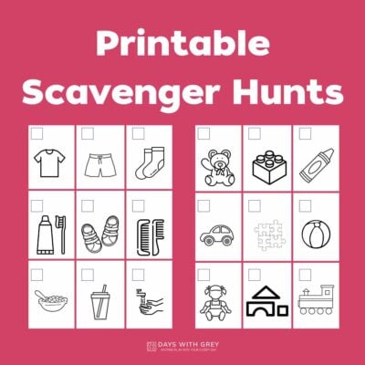 Two printable scavenger hunts for kids. One for morning routines and another for indoor toys.