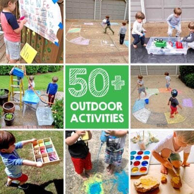 Outdoor sensory play text and a container with different things inside