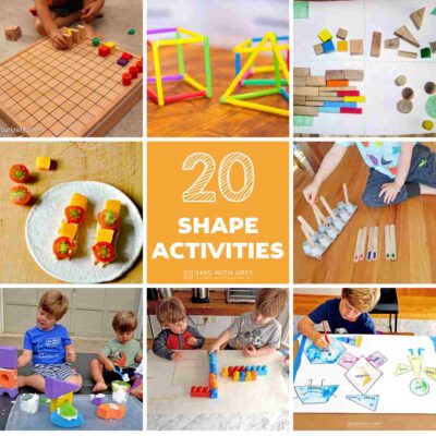 Eight images of preschoool activities to learn 2D and 3D shapes.