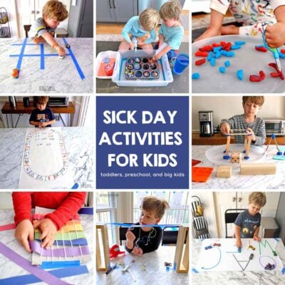 Collage of eight ideas to help with kids being home sick.