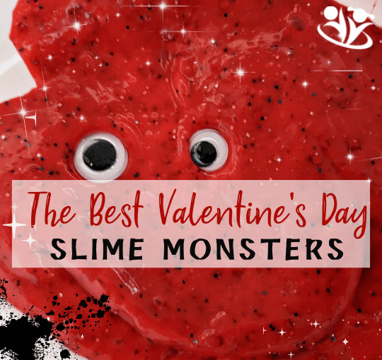 Valentine’s Day Slime Monsters (or Valen-slimes) is a delightfully gooey excuse to talk about polymers, viscosity, and chemical reactions. Download science printables to go along with this activity. #kidsactivities #kidminds #braingym #laughingkidslearn #handsonlearning #STEAM #Valentinesday #boredombusters