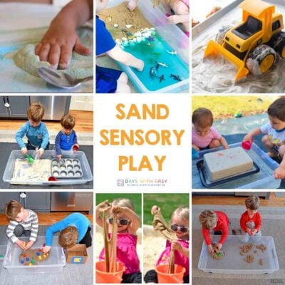 Eight pictures showing sand sensory bins.