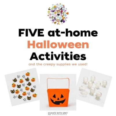 Halloween mini erasers, stickers, trick or treat basket and plastic skulls for Five at-home Halloween activities.