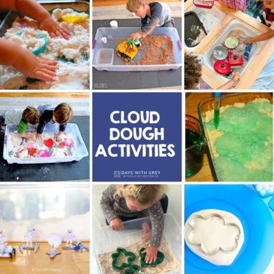 Eight pictures of kids playing in cloud dough in a sensory bin.