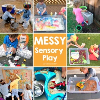 Eight pictures of kids enjoying messy sensory play at home.