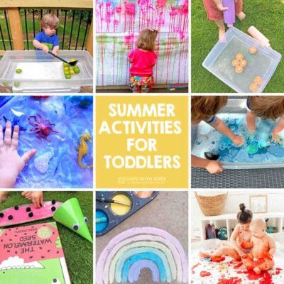 Eight pictures of toddler playing outside for summer.