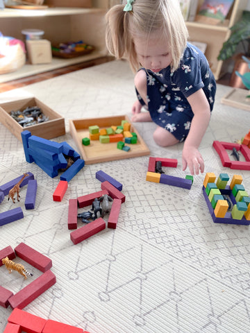 Little Girl making a zoo with animal figurines and wooden blocks