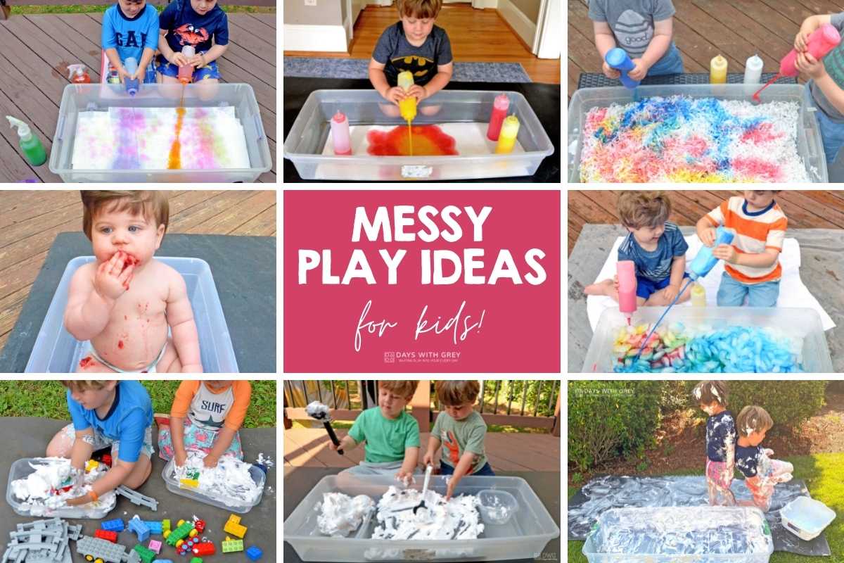 messy play ideas in white texts
