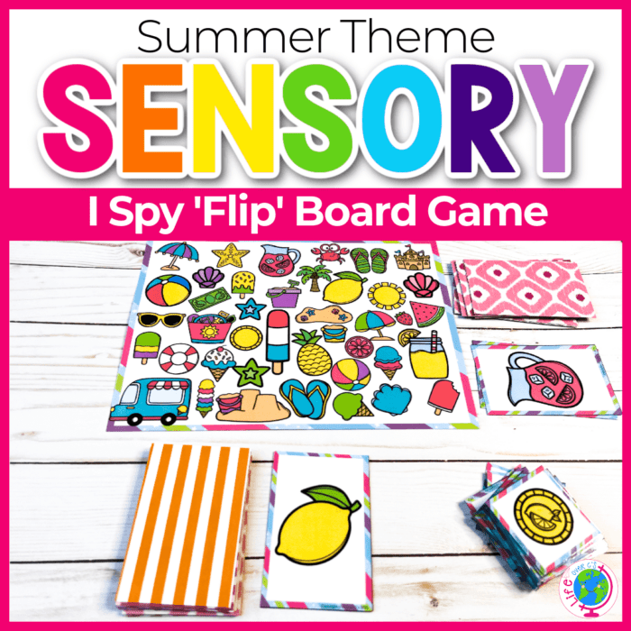Summer-themed I spy board game for preschool and kindergarten.