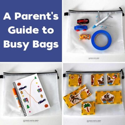 Busy bag for kids ideas for families to take on the go.