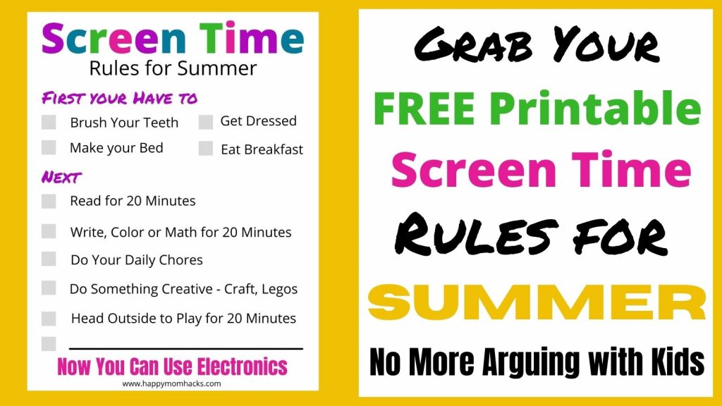 Free Printable Summer Screen Time Rules for Kids. No more arguing with kids over electronics. Use this daily checklist to get organized and set expectations this summer.