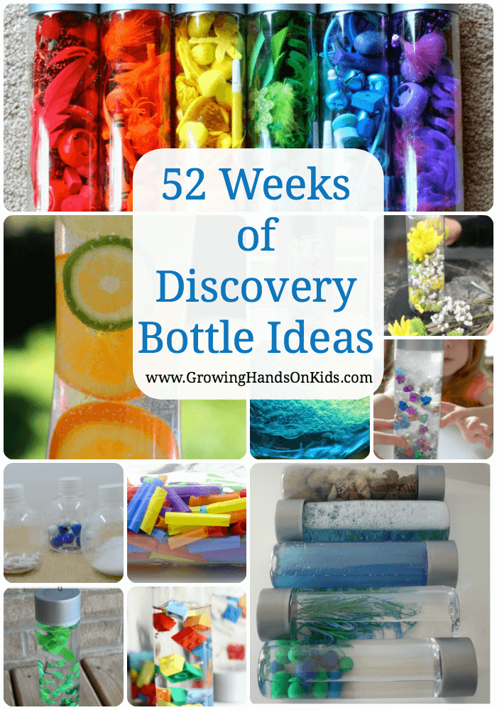 52 weeks of discovery bottle ideas for kids, 1 sensory bottle per week for a year. Fun, hands-on learning for babies, toddlers, and preschoolers. 