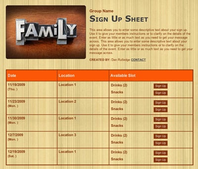 Family reunion event party sign up form