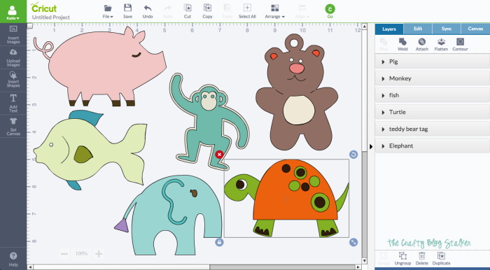 Screen shot of animal shapes in Cricut Design Space.