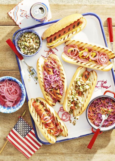 5 grilled hotdogs with creative toppings