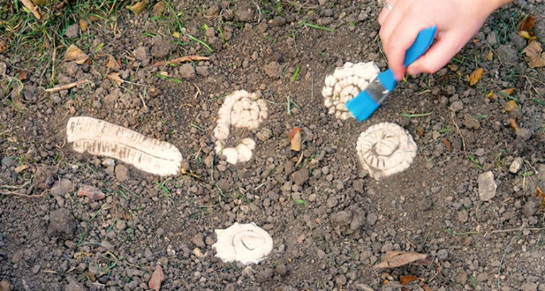 Salt dough ammonites being brushed out of the soil, as if uncovering real fossils