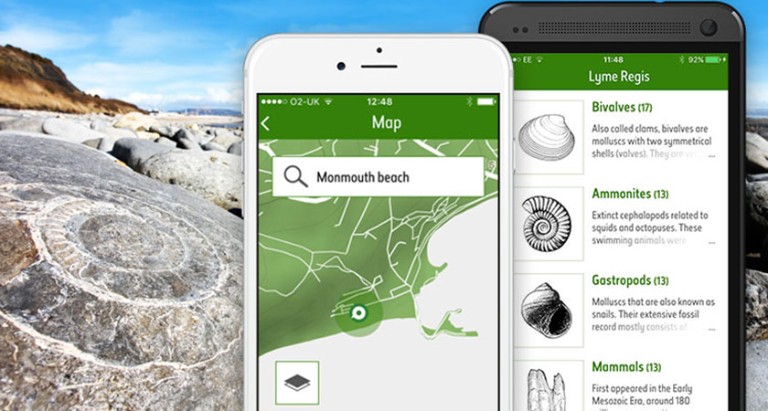 Screenshots of the app, over a picture of the Jurassic coast