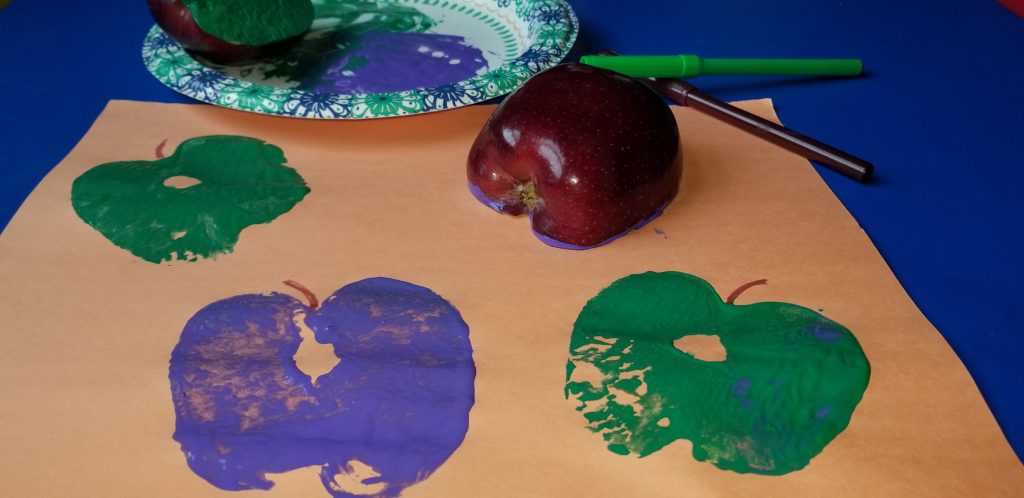 Arts & Crafts are a fun free activity  with kids to do at home. Kids will love making apple stamps with paint. Get more ideas on our list of 60 Fun Free Things to Do with Kids. 