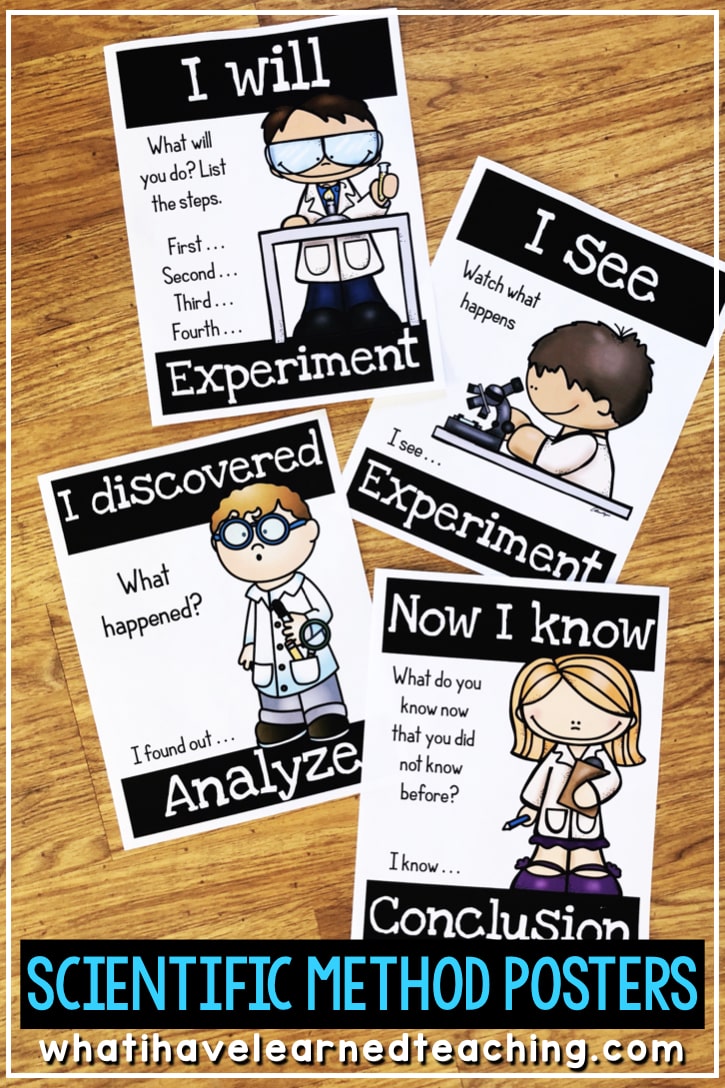 Scientific Method Posters in color and black and white that teach students how to perform a science experiment and record their ideas each step of the way. Includes science experiment recording sheets and a flip book. Posters for the hypothesis, experiment, conclusion, observe, research, and more! #scienceexperiments #scientificmethod #funscienceexperiments #elementaryscience #secondgrade #secondgradescience #thirdgrade #thirdgradescience